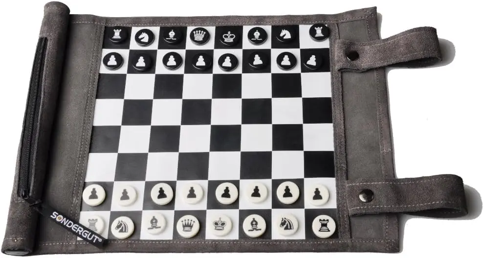 

Portable Suede Travel Chess & Checkers Set - Compact for RV, Cruise, Airplane, Camping, Road Trips