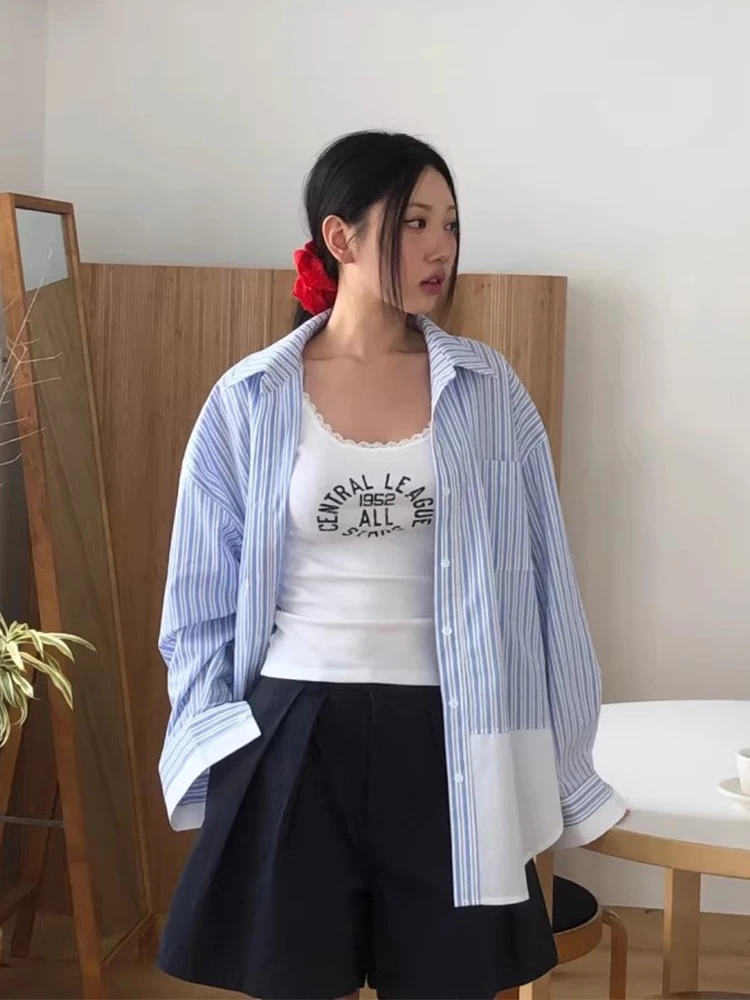 シックな秋の新作ルーズ長袖ストライプシャツレディースカジュアルクラシックカラーカラーブロックデザイン通勤スタイル韓国版