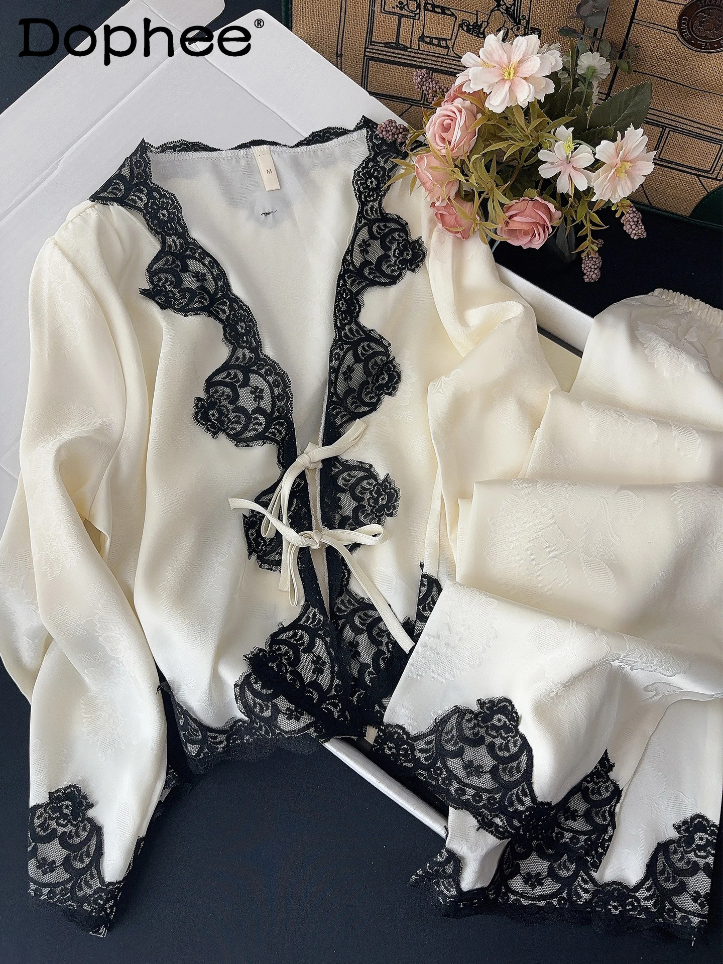 

2025 summer new lace ice silk sexy suspender cardigan pajamas women's four-piece casual comfortable homewear