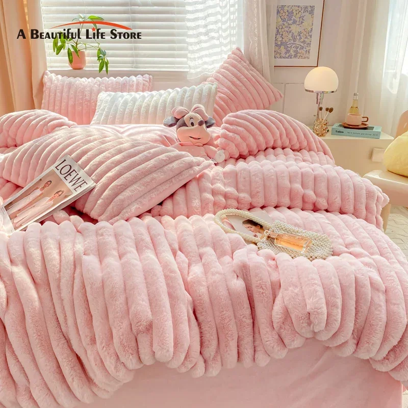 Faux Fur Velvet Fleece Bedding Set, Imitation Rabbit, Fluffy, Soft Duvet Cover, Bed Sheet, Pillowcase, Pink, Yellow, Green, Grey