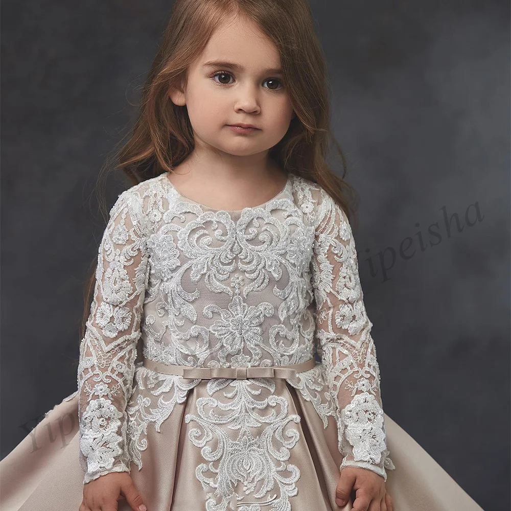 Robe de Rhà fleurs pour filles, champagne, manches longues, col rond, appliques ivoire, fête d'anniversaire, Noël, communion, quoi que ce soit