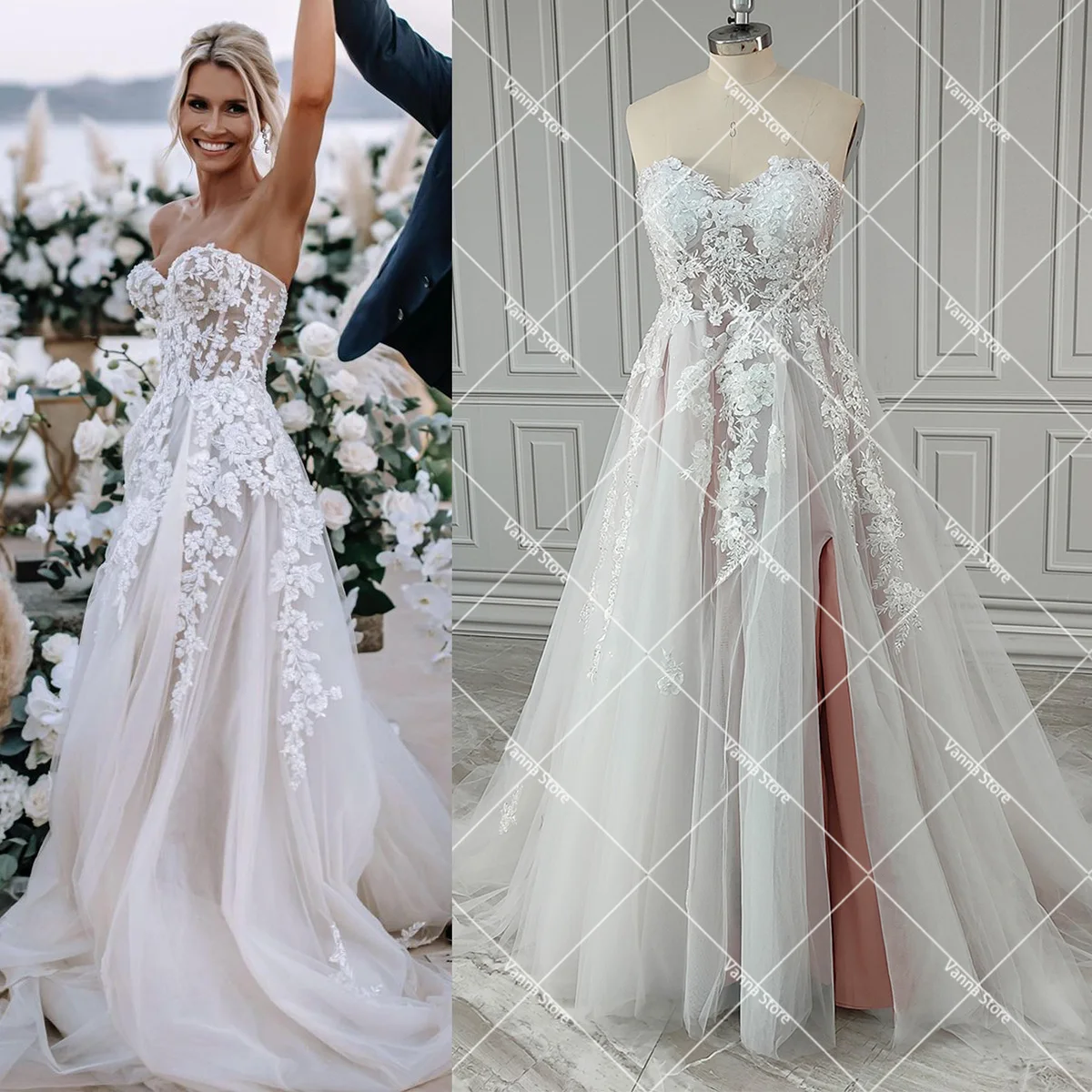 Vestidos de novia de tul con cuentas brillantes 3D, vestidos de novia de lujo con escote Corazón, abertura alta, cristales brillantes, bordado de imagen Real de fábrica