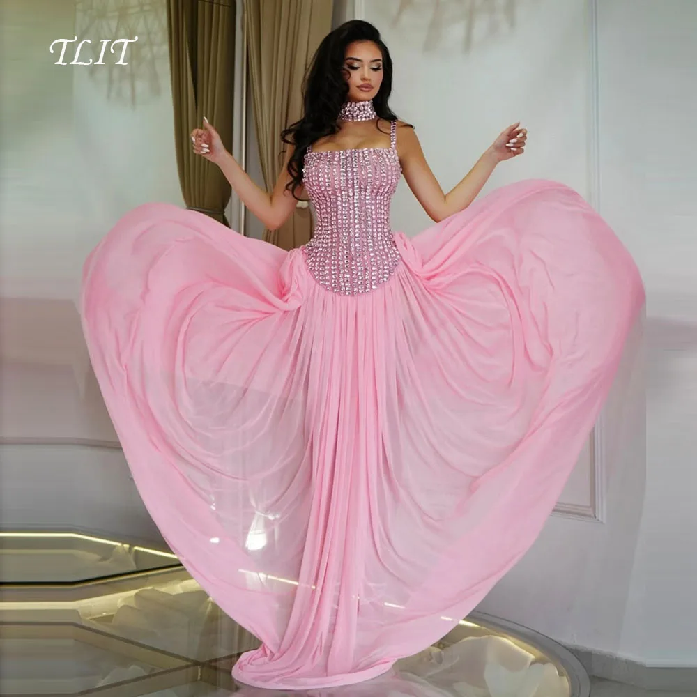 

TLIT Elegant Baby Pink Satin Evening Dresses Strapless Crystal Prom Gowns Customized Party Dresses Customized vestidos de fiesta