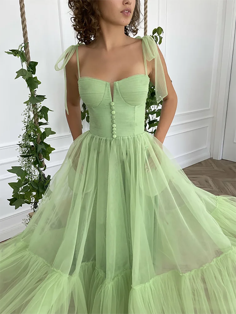 Do kostek Ruched Tulle paski Spaghetti suknie ślubne przyciski zakładki dostosowane Backless bez rękawów Prom suknie wieczorowe