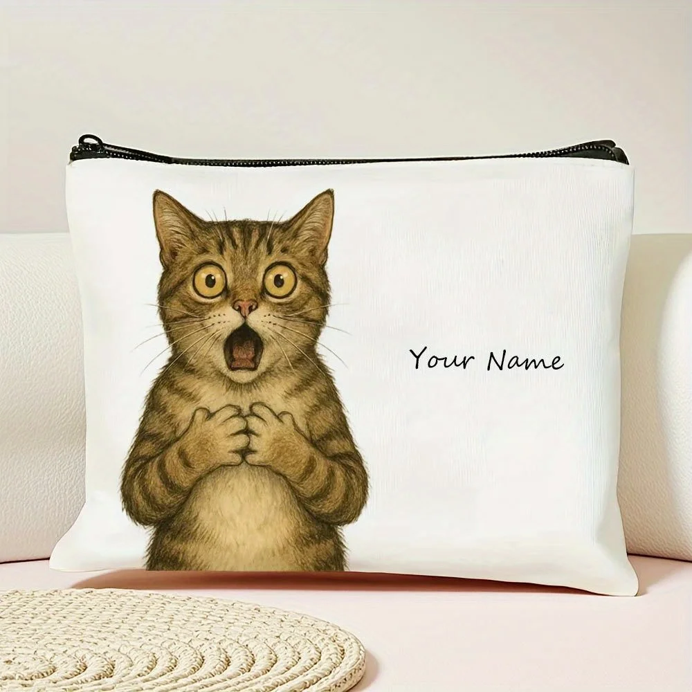Custom Name Text Makeup Bag with Cute Brown Hood Shocked Cat Inspirational Print White Zipper Cosmetic Bag Fashion Storage Bag