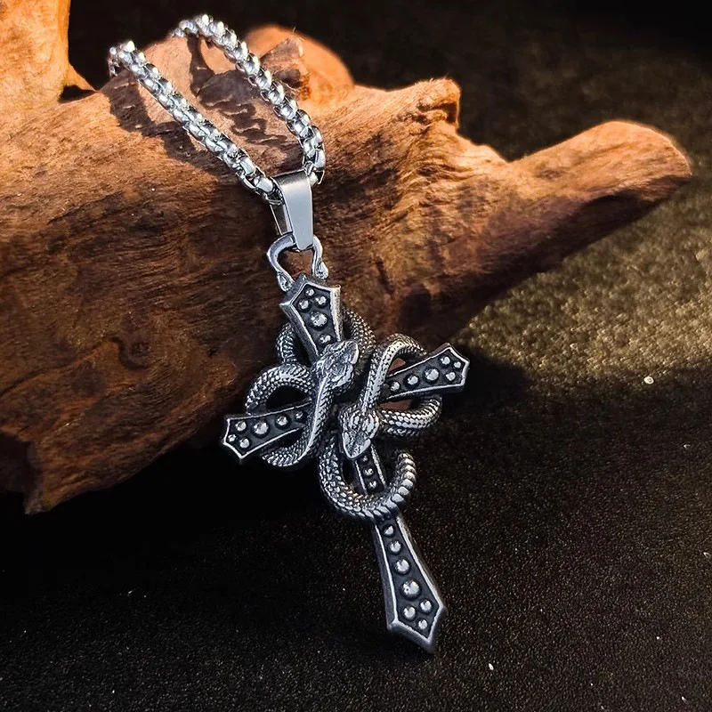 Vintage Two Tone Snake Wrapped Thorn Cross Pendant Necklace For Men Hip Hop Lucky Auspicious Blessing Gothic Long Sweater Chain