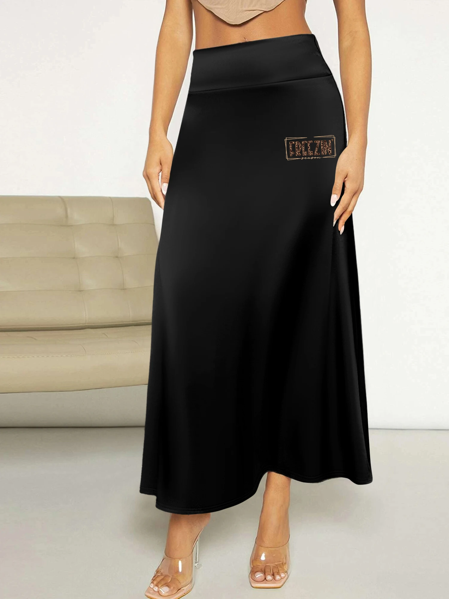 

Retro Maxi Skirt For Women, High Waist "Freezin'" Letter Print Casual Flared Skirt For Daily