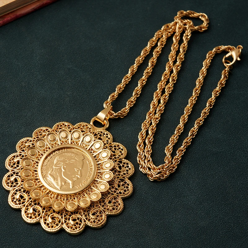 Round Flower Shape Coin Pendant for Women Algerian Wedding Necklace 60cm Long Chain Napoleon Figure French Coin Jewelry