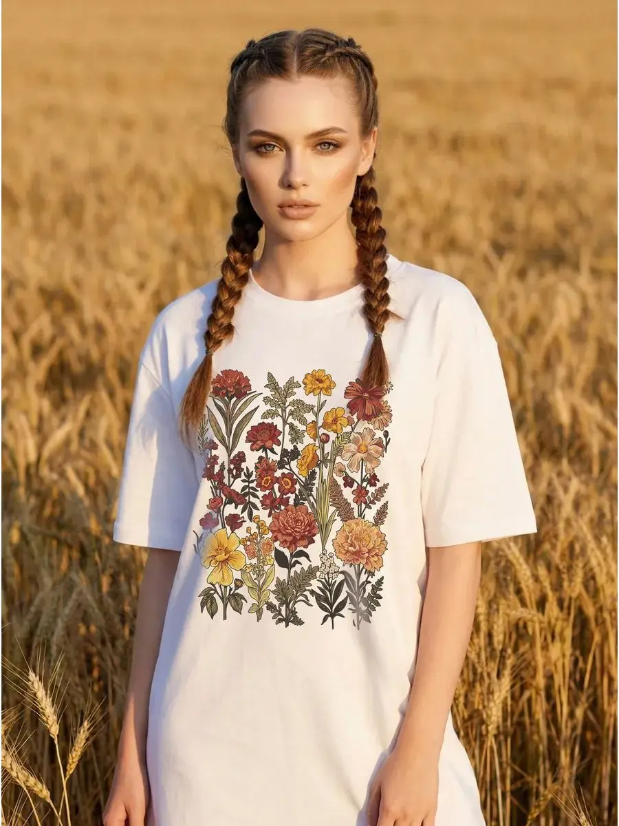 Vertical Retro Warm Tone Wildflower Sunflower Botanical Print Oversized White 100% Cotton Cottagecore Summer T Shirt