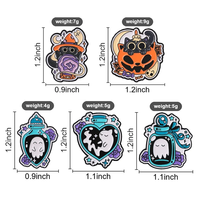 Gotische Geisterkatzen-Trankflaschen-Emaille-Pins Halloween-Hexe Schwarze Katze Kürbis Kristallkugel Broschen Anstecknadel Schmuck Geschenke – Detail 1