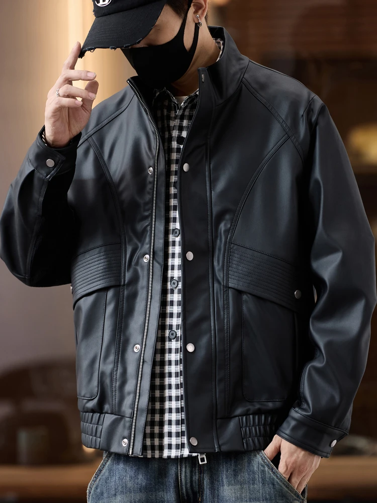 

Loose Fit American Sle Motorcycle Jaet Men's Autumn Pilot Bla Pilot Leather Coat Casual Pure Color Long Sve Zipper