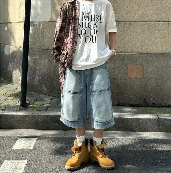 2026 Summer American Retro Cropped Pants Washed and Old Tooling Denim Straight Shorts Men