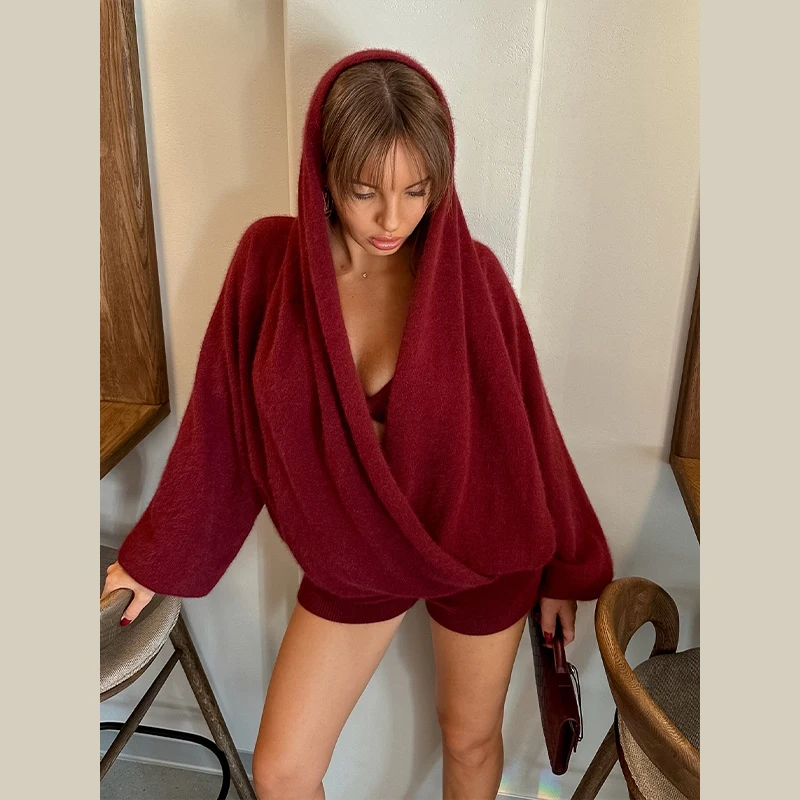 Sexy Gebreide Shorts Set Vrouwen Diepe V-hals Oversize Losse Hoodie Tops Mini Korte Broek Past 2025, Nieuwe Mode Dame Tweedelige Sets