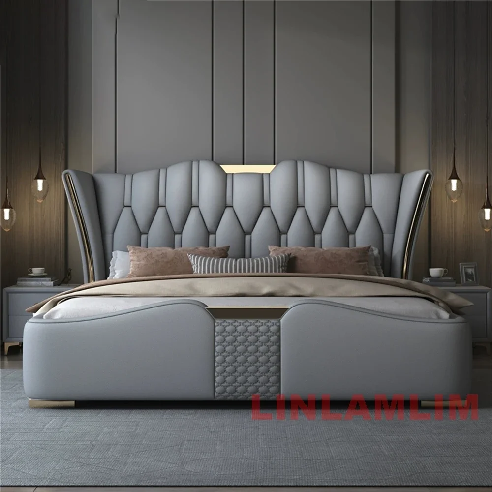 Linlamlim Luxury Modern Upholstered Bed Frame with Gold Accents, Genuine Leather Designer Bed, Queen/King Size Bedroom Furniture