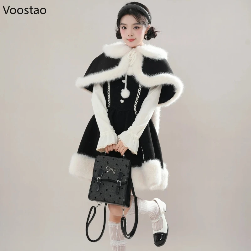 Autunno Inverno Dolce Lolita 3 Pezzi Set Donne Kawaii Peluche Coniglietto Orecchio Mantello Cappotto Sottile Mini Abiti Stile Coreano Femminile Y2k Vestito