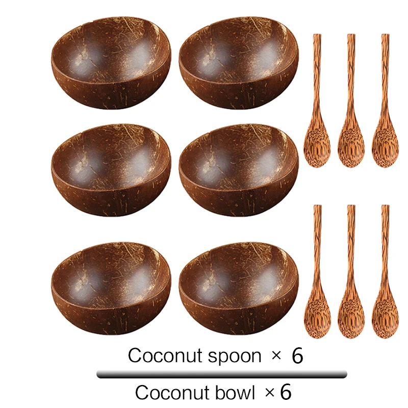 12-15cm Natural Coconut Bowl Handmade Wooden Tableware Wood Spoon Dessert Fruit Salad Mixing Rice Ramen Bowl Kitchen Dinnerware