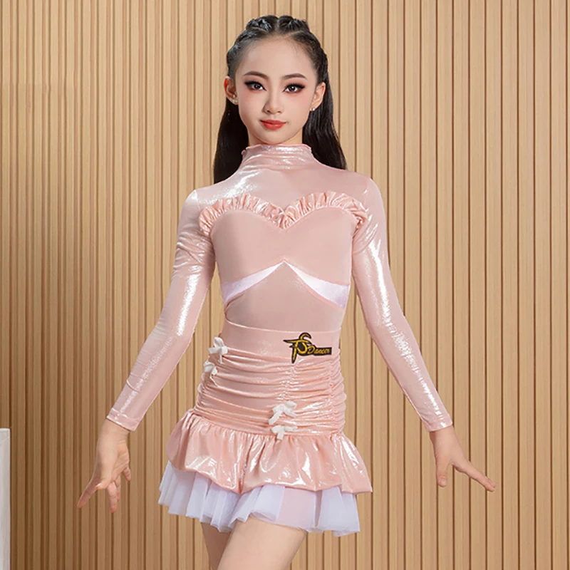 Kids Girls Latin Dance Long Sleeve Hot Stamping Bodysuit and Chiffon Fold Skirt Set Practice Dancewear Competition Costume