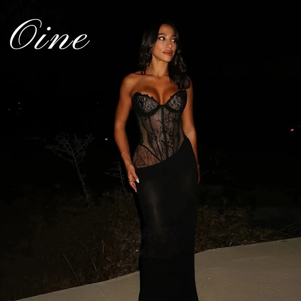 Oine Sexy schwarzes Spitzen-Meerjungfrauen-Abschlussballkleid mit Herzausschnitt, bodenlang, transparentes Oberteil, Abendkleid, maßgeschneidert, 2026 שמלת נשף