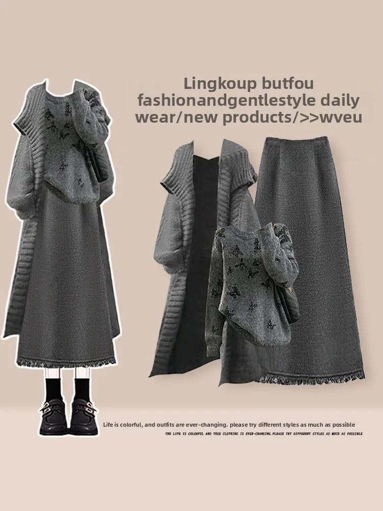

Fashionable plus Size Winter Knitted Set Women's Lazy Style Anti-Aging High Waist Skirt Slimming Sweater Three-Piece Set