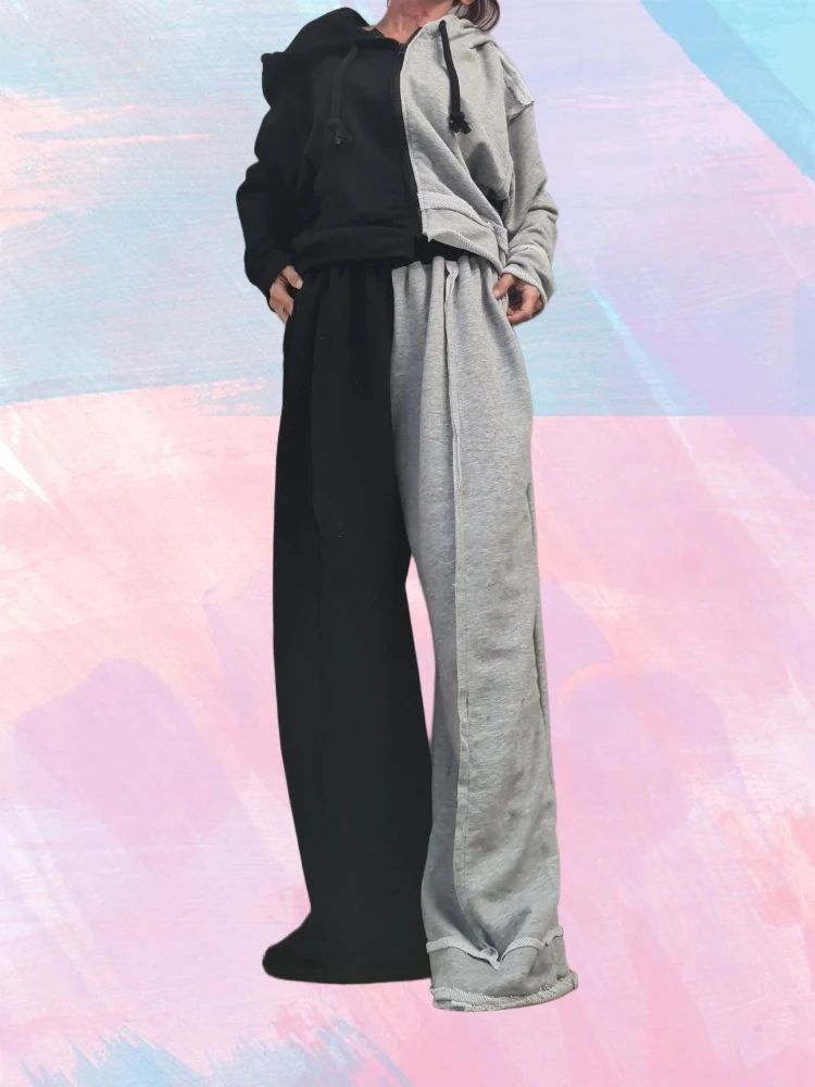 

Новинка весны и осени 2025 года, свободная двухцветная лоскутная повседневная спортивная повседневная куртка с длинными рукавами и длинные брюки