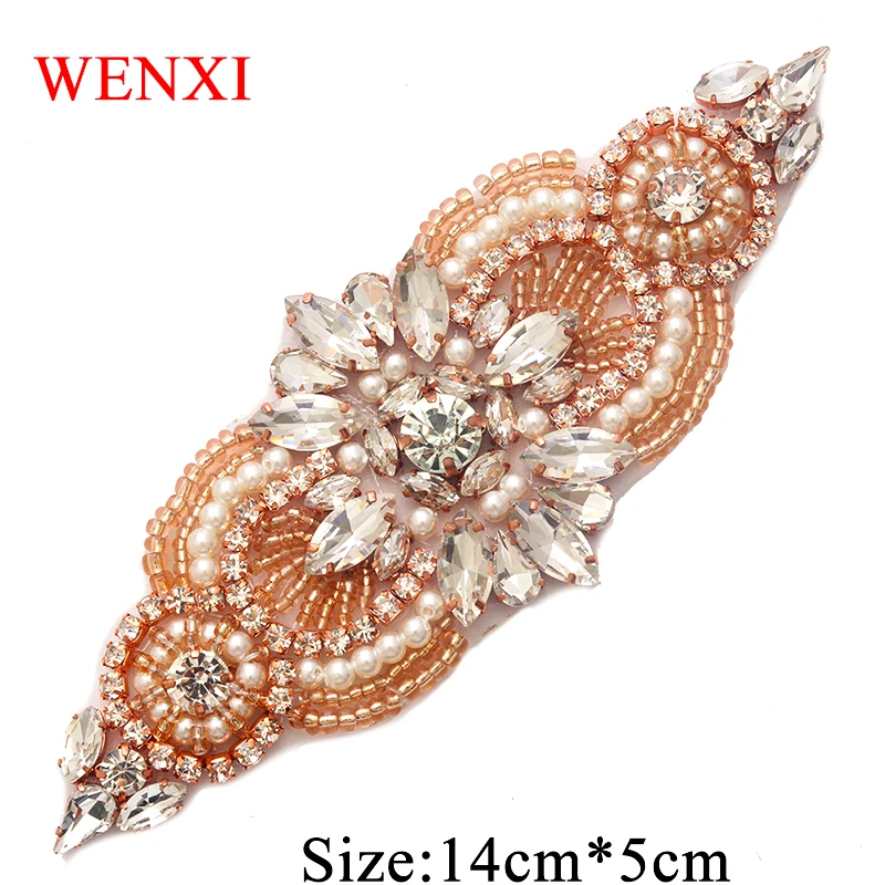 

WENXI 30PCS Wholesale Bride Rose Gold Rhinestone Appliques With Beads Bridal Sash Garter Jewerly DIY Bridal Sash WX844