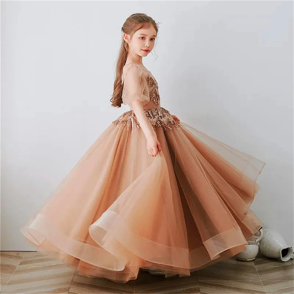 Robe de demoiselle d'honneur en tulle et dentelle, tenue de soirée élégante, à manches courtes, avec impression, pour première communion, cadeau d'anniversaire pour enfants