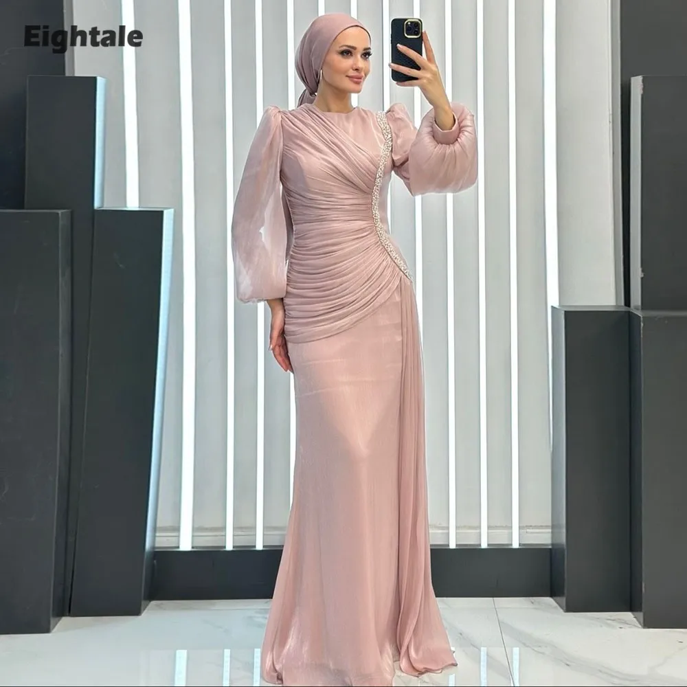 

Eightale Arabic Evening Dress O-Neck Pleats Crepe Customized Shiny Beaded Floor Length Mermaid Pink Prom Wedding Party Gown