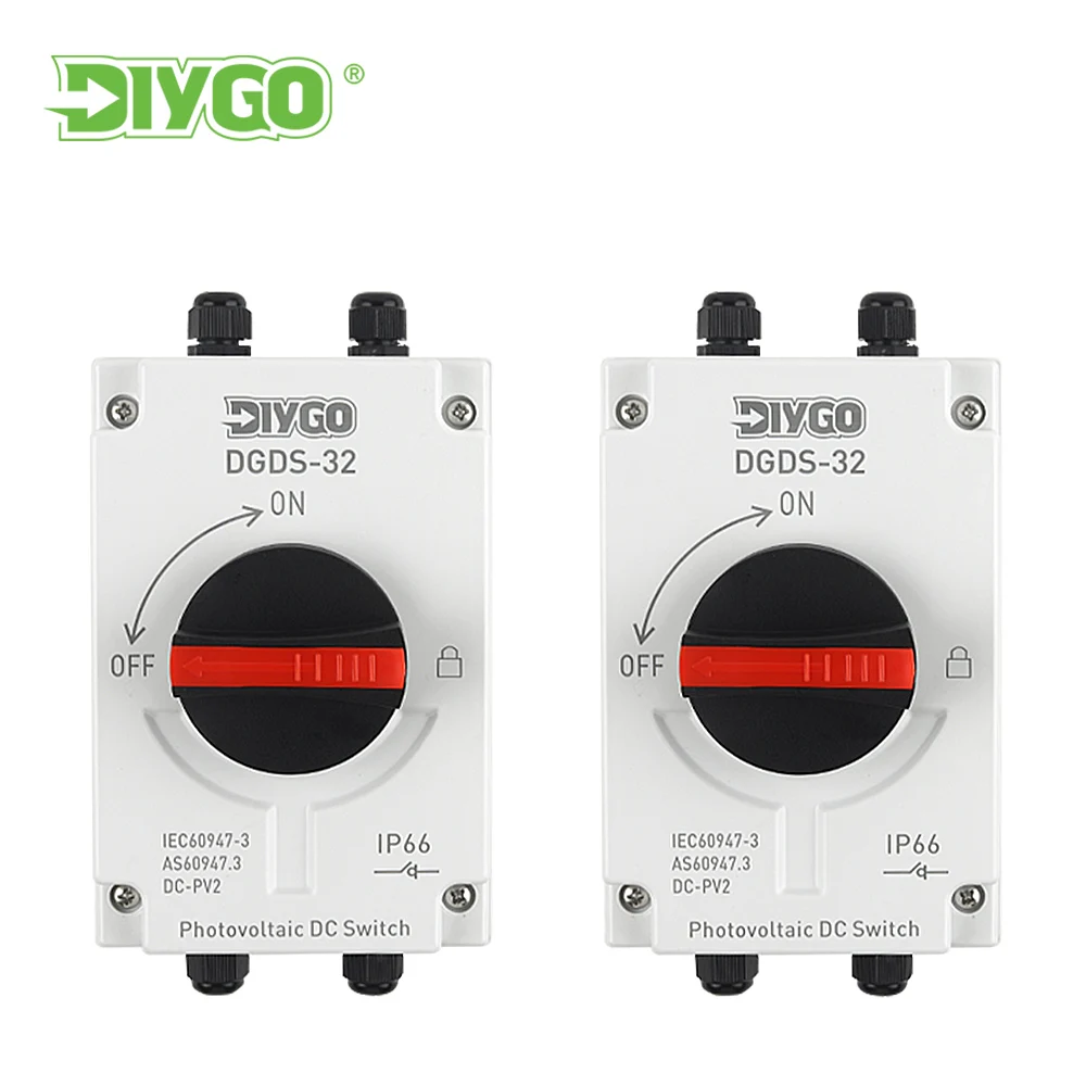 DIY GO Solar Disconnect Switch IP66 Waterproof Outdoor 1in 1out PV DC System Isolator Switch 1200VDC 32A Disconnector