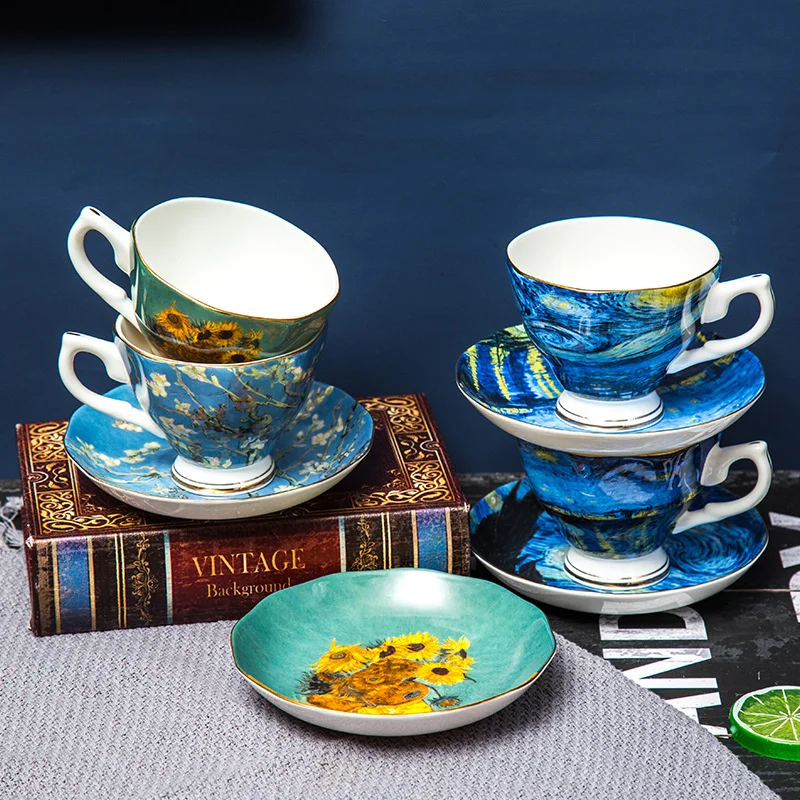 Nice Van Gogh Famous Oil Painting Design Bone China Coffee Cup Saucer Sets Sunflower Starry Night Art Tea Glass Tasse Cafe Tazas