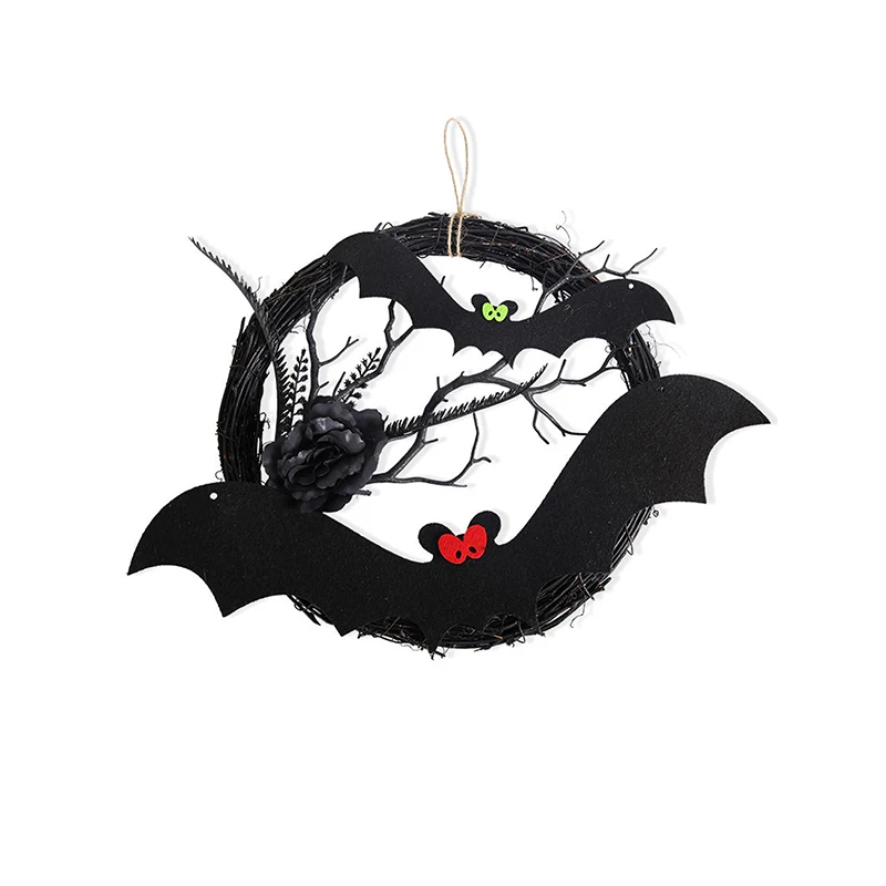 Halloween Front Door Wreaths Hanging Black Roses Bat Rattan Wreaths for Wall Outdoor Indoor Decoration