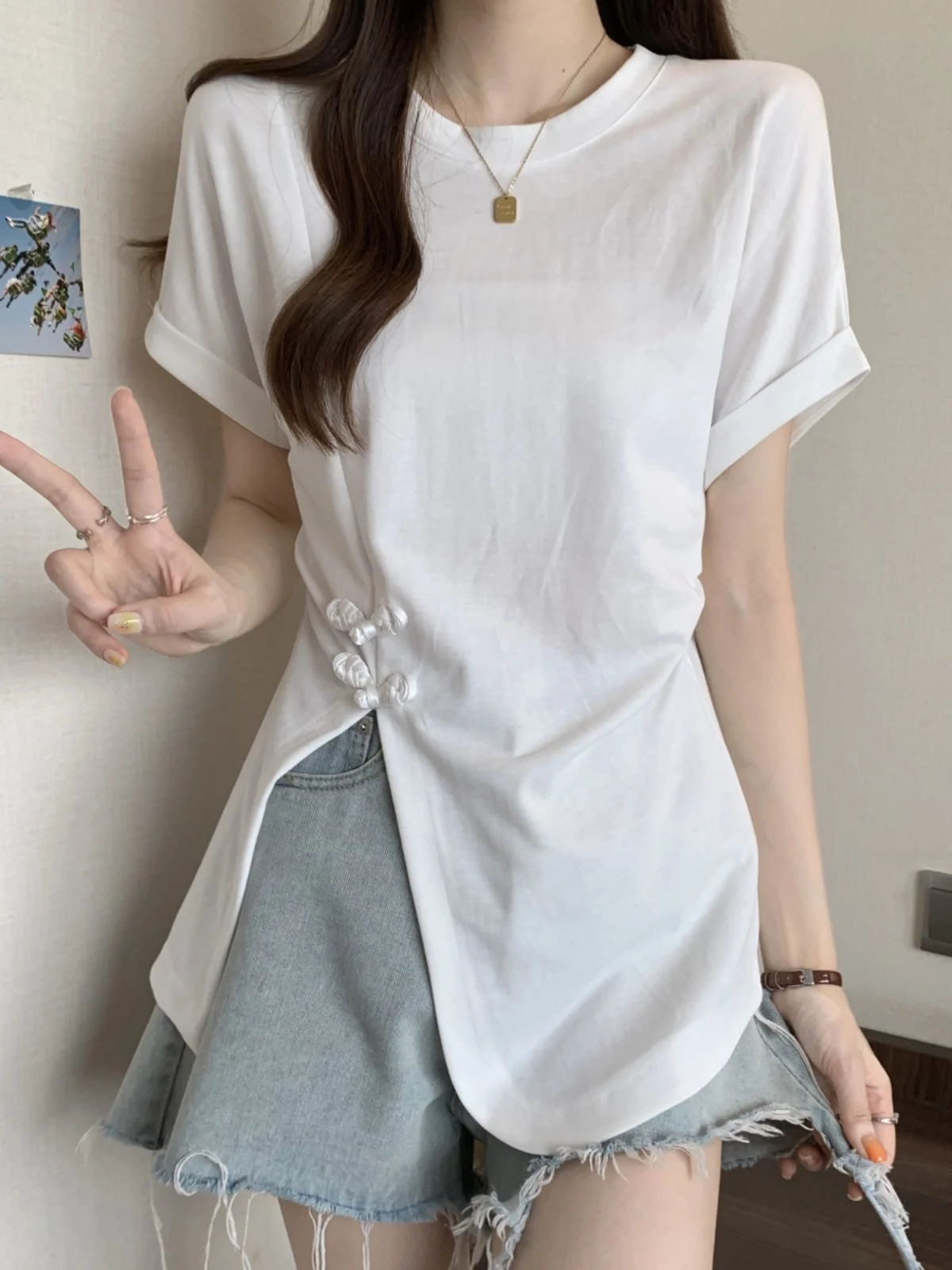 

Большие размеры, новая китайская асимметричная футболка ort Sve, женская летняя утягивающая свободная хлопковая традиционная футболка с разрезом на пуговицах