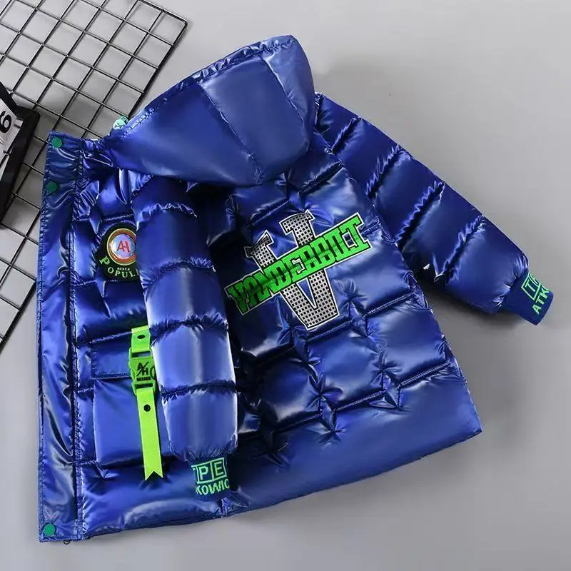 

New Winter Kids Boys Down Coats Teenagers Glossy Velvet Thicken Medium Long Cotton down Jacket Children Letter Hooded Outerwear