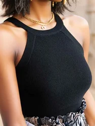 HELIAR Black Knitted Tank Tops Women O-Neck Stretchy Halter Tops Solid Elegant Off Shoulder Crop Tops Women 2024 Summer