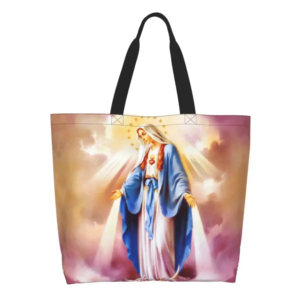 Bolso de compras personalizado de la Virgen María católica, bolso de mano de lona para mujer, duradero, bolsas de compras para comestibles de Nuestra Señora de Guadalupe