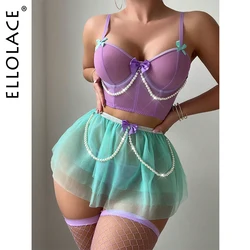 Ellolace Tulle Beautiful Lingerie Contrast Color Bowknot & Faux Pearl Decor Sexy Outfits Garter Stocking Fairy Exotic 4-Piece