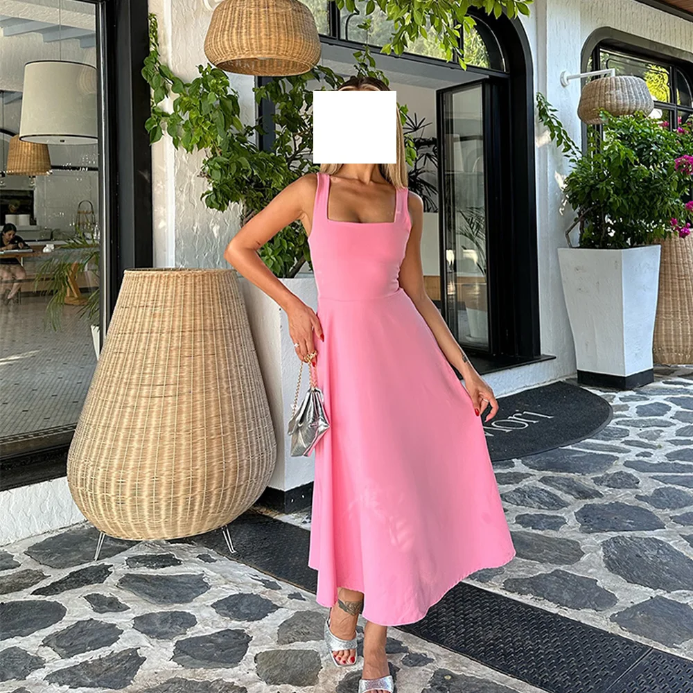 

Customized High Quality Jersey A-Line Cap Sleeve Evening Dress Square Collar Zipper Back Sleeveless Solid Color Party Dress