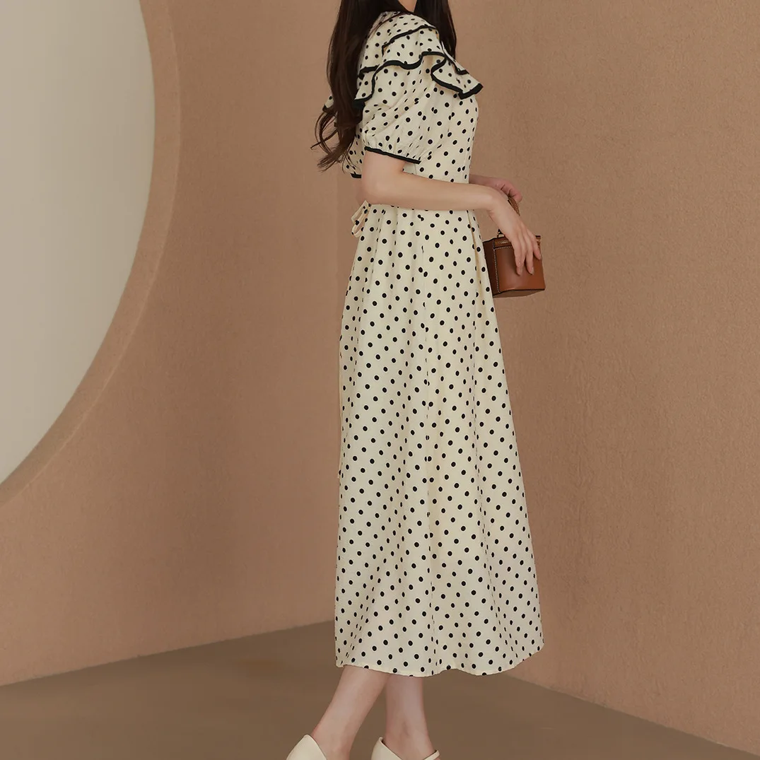 

Женское платье в горошек, с коротким рукавом и оборками на воротнике, летняя длинная юбка со шнуровкой