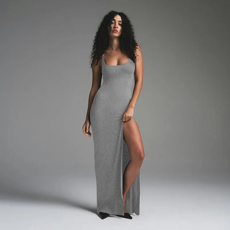 밍위안 스타일 여성 가을 겨울 섹시한 멜빵 원피스 솔리드 컬러 백리스 허리 조절 슬릿 힙 허깅 드레스