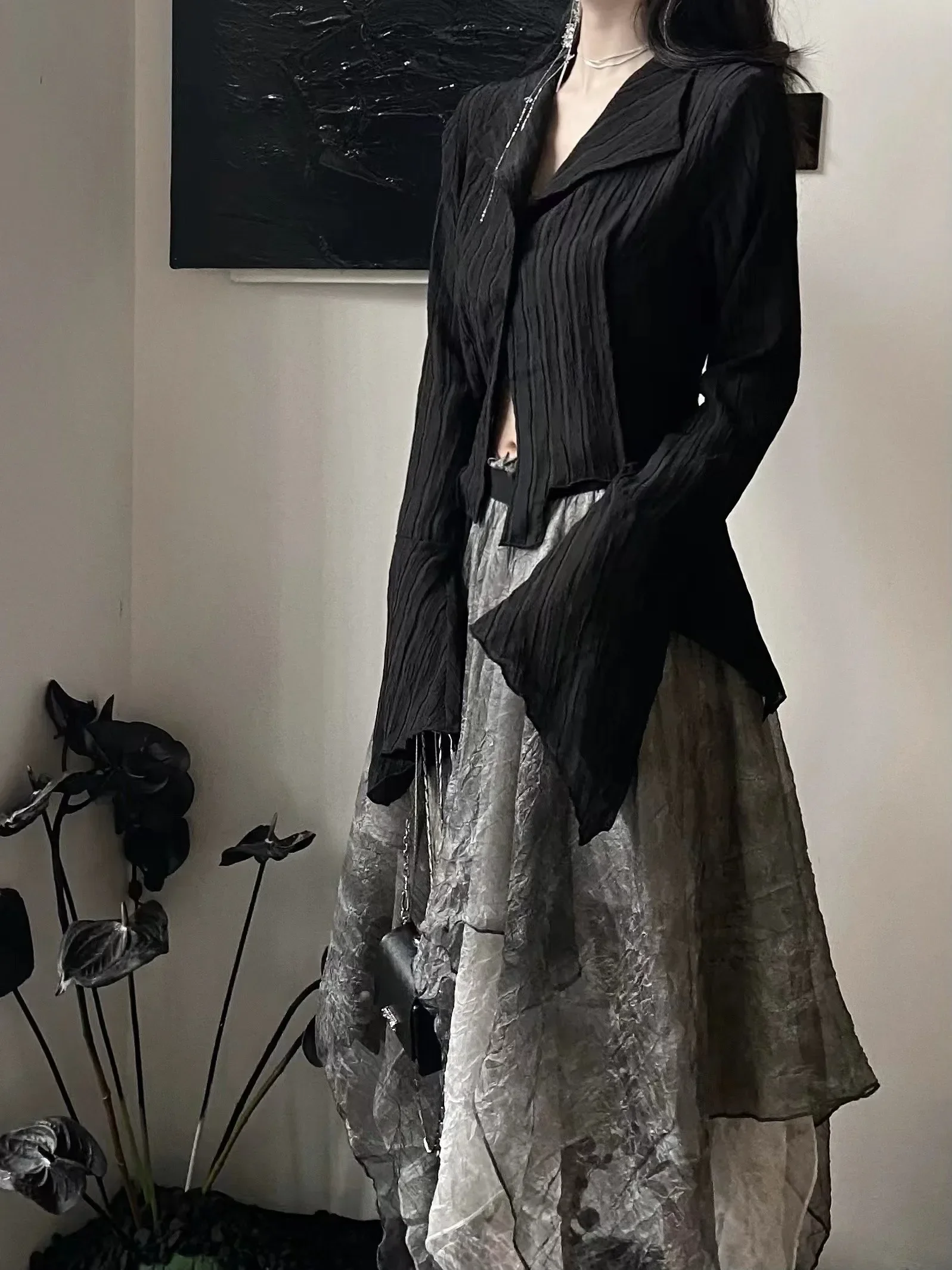 Yamamoto สไตล์สีดําเสื้อผู้หญิงแขนยาวไม่สม่ําเสมอเสื้อ Babes Retro Dark ความงามเสื้อผ้า Gothic Tops