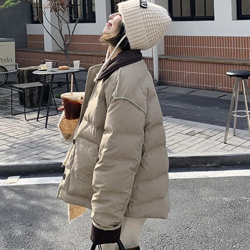 Giacca invernale leggera di colore a contrasto di tendenza Donna Y2K Patchwork retrò monopetto Parka corto Cappotti coreani in cotone da strada