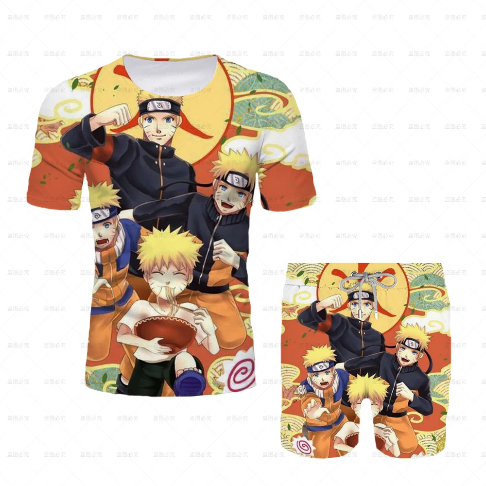 

Japanese Cartoon 2025 New Adult Naruto T-shirt Men Casual Top Shorts Two-piece Set Summer Boy Cartoon T-shirt+beach Pants