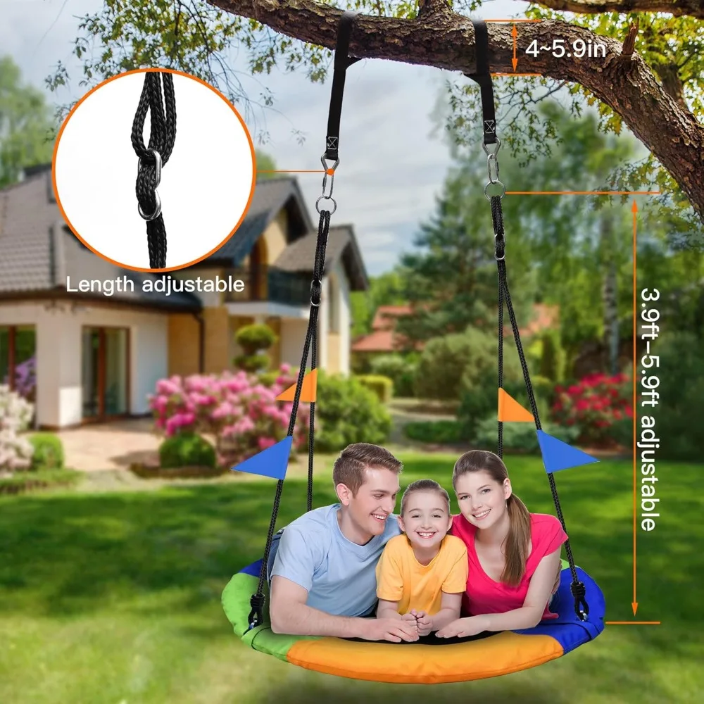 40In Saucer Tree Swing Flying 900lb Weight Capacity 2 Added Hanging Straps Adjustable Multi-Strand Ropes Colorful Safe & Durable