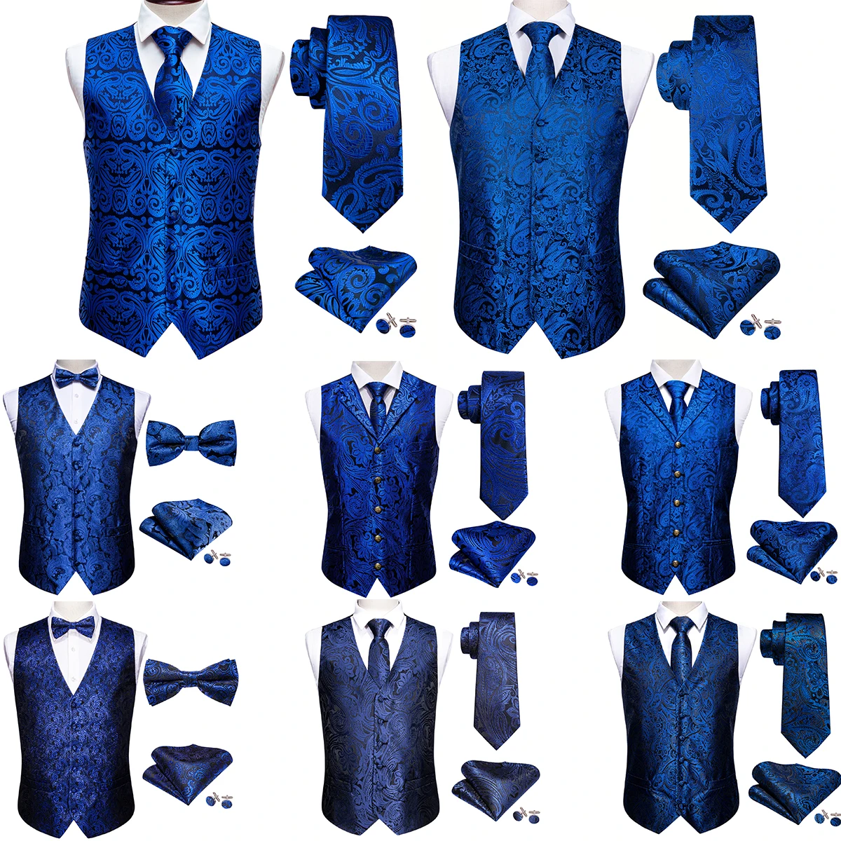 Elegant Men\'s Vest Silk Royal Blue Sky Blue Navy Paisley Gift Male Formal Waistcoat Suit Sleeveless Jacket Dress Barry Wang