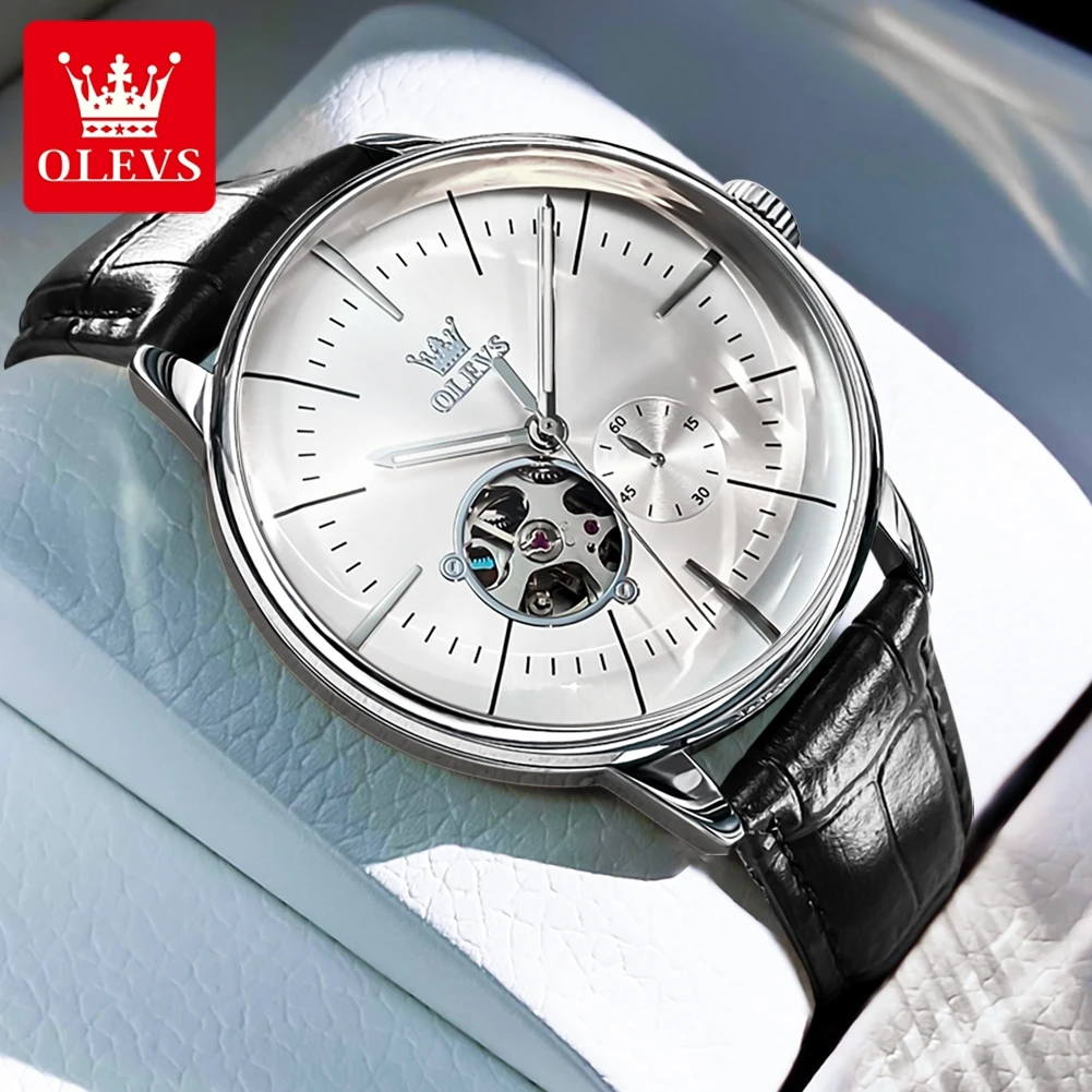 OLEVS Orologi da uomo alla moda casual Cinturino in pelle Orologio da polso meccanico automatico a carica automatica di marca originale per uomo impermeabile