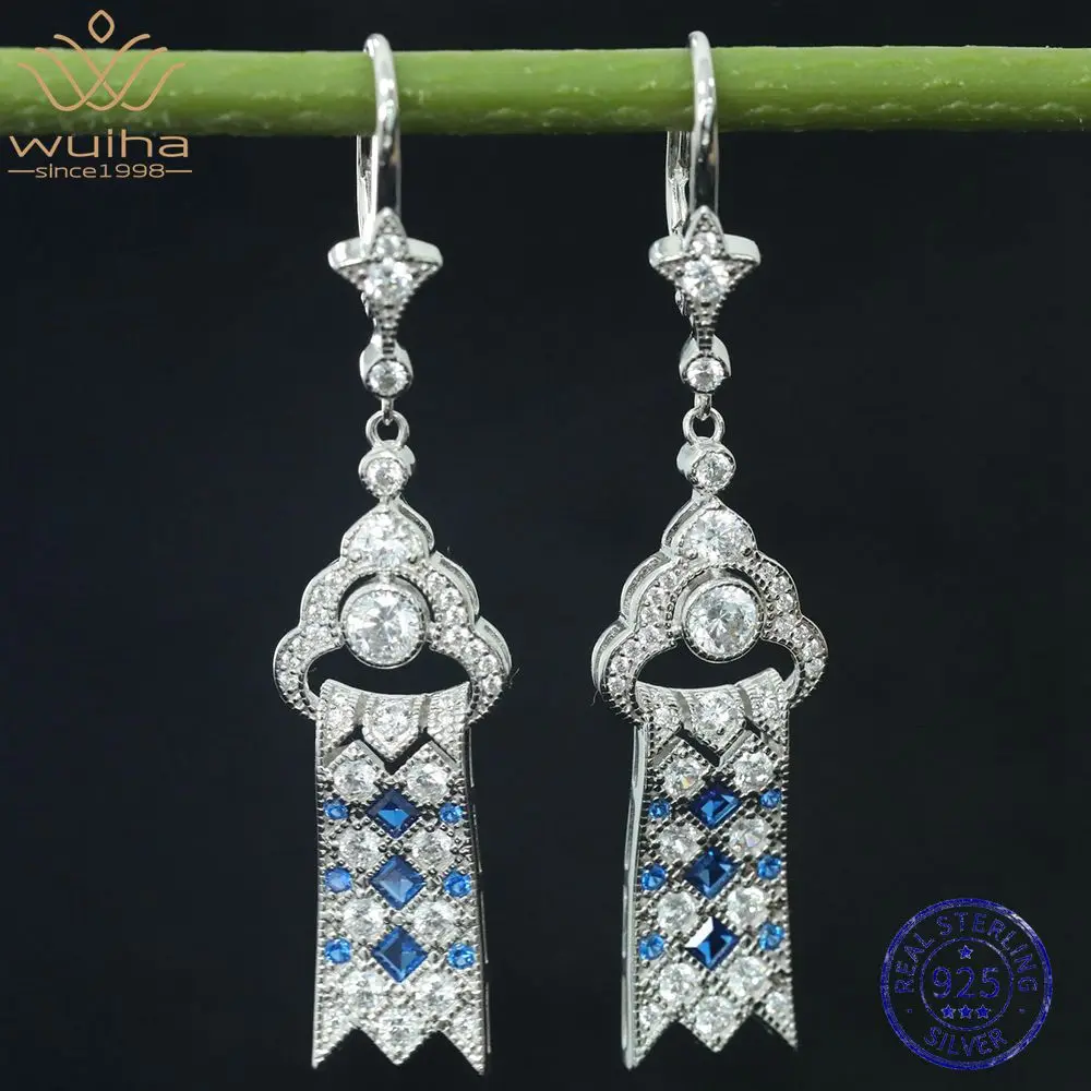 

WUIHA Vintage 100% 925 Sterling Silver Lab Sapphire Gemstones Drop Dangle Earrings Anniversary Gift Fine Jewelry Drop Shipping