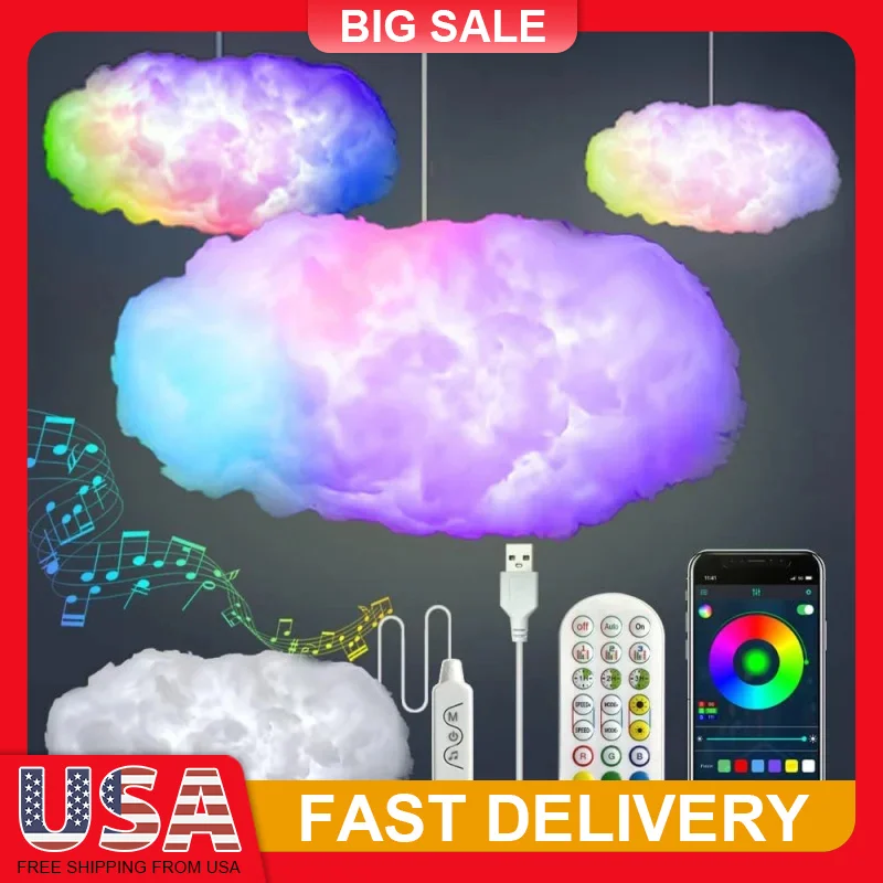 

Комплект светодиодных лент Big Cloud Lightning, синхронизация музыки, RGB, многоцветные меняющие светодиодные ленты с беспроводным дистанционным управлением через приложение для спальни