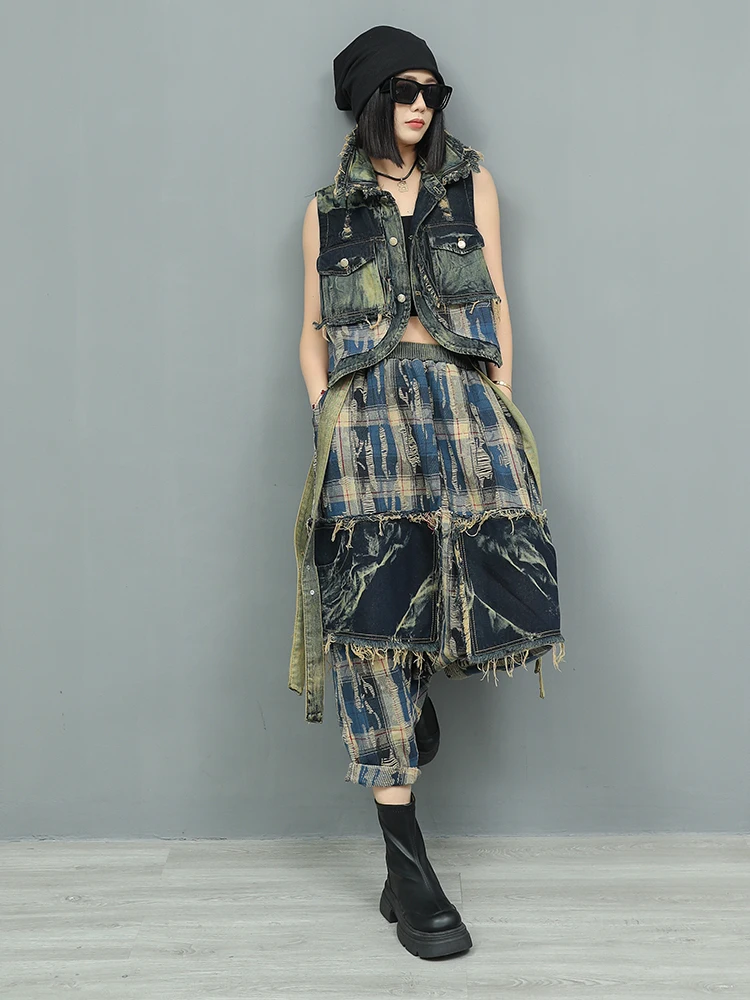 

Personalized Distress Vintage Blue Checkered Patchwork Denim Lapel Vest Wide Crotch Pants Two-piece Set Women's Fashion Suit