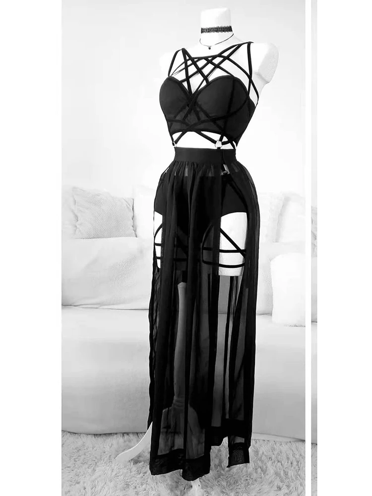 2024 Gothic Club Corsets Sexy Skirt Set See Through Mesh Backless Women Sleeveless Dark Crop Tops Bandage Underpants Skirt 3 pcs