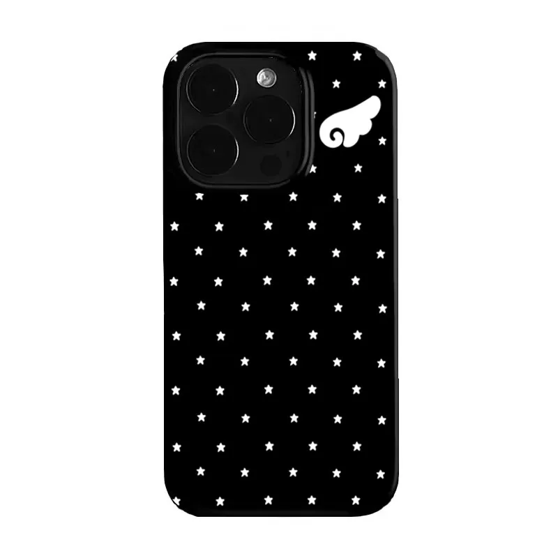 เคสโทรศัพท์ลายปีกนางฟ้าดาวน่ารักสีดำ สำหรับ iPhone 15 Pro, iPhone 16, 14 Plus, 12, 11, 17 Pro Max, 13, X, XS, XR, 7, 8 Plus