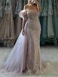 MYMB Luxurious Off Shoulder Beaded Tassel Pink Mermaid Evening Dresses Sexy Spaghetti Straps Wedding Party Gowns with Side Train